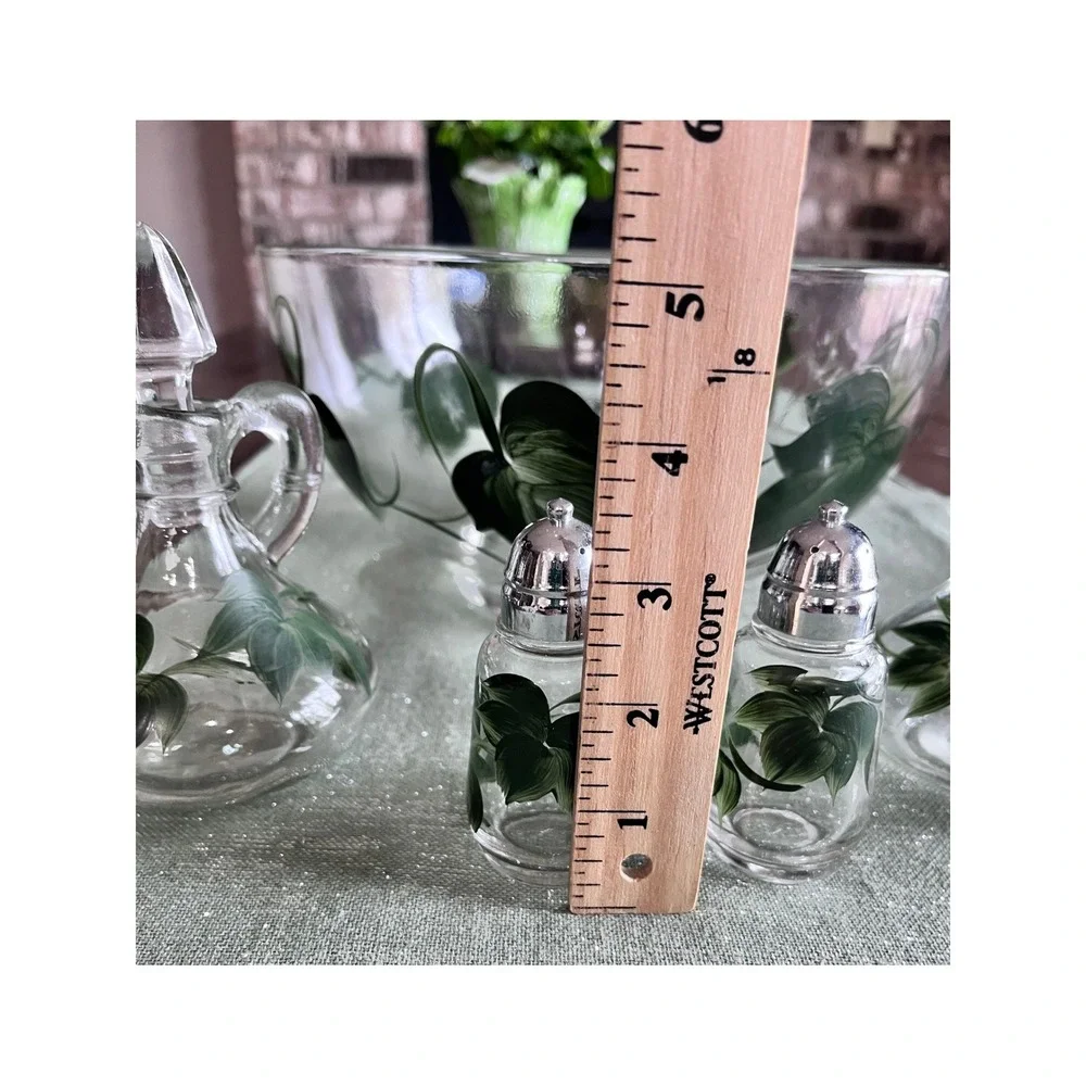 Vintage Hazel Atlas Green Ivy Glass Salad Set Bowl Cruets Salt Pepper Shakers